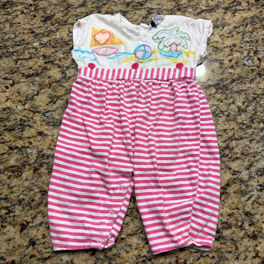 Vintage Miniwear Baby Romper 12M Pink White Striped Beach Embroidered Cotton